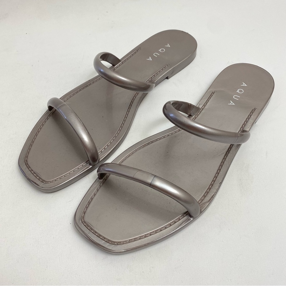 Aqua Double Strap Slide Sandals Sz 6 Flat Open Heel Open Toe Silver Gray